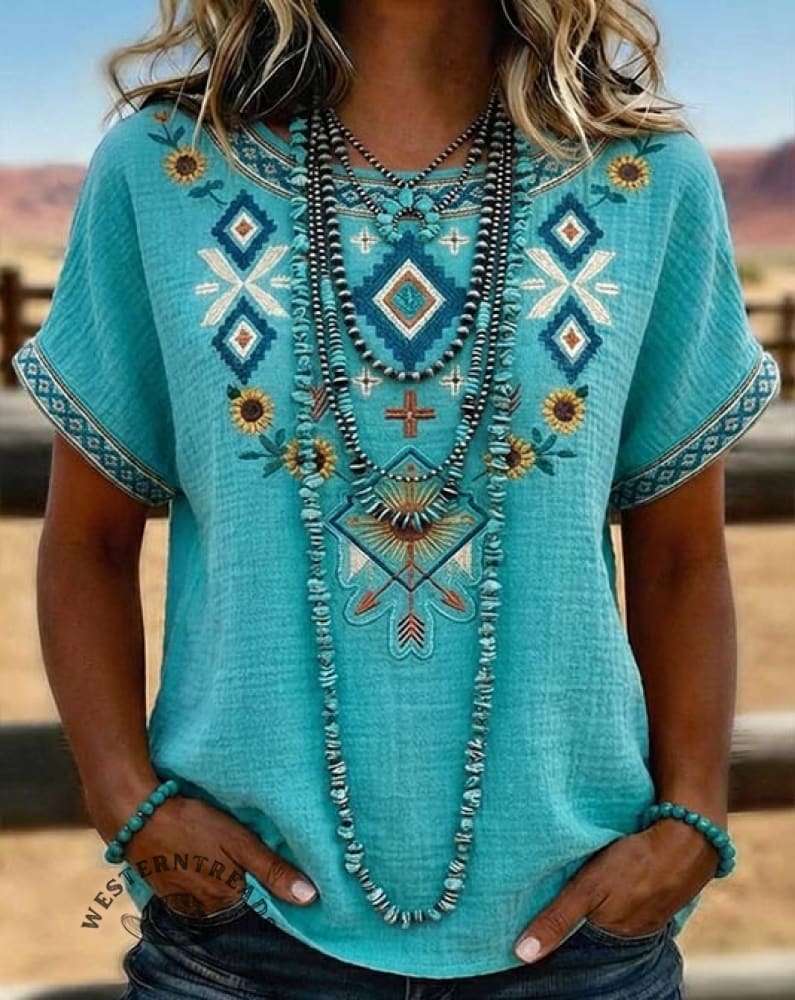 Retro Ethnic Embroidered Dolman Sleeve Cotton Blouse - Image 2