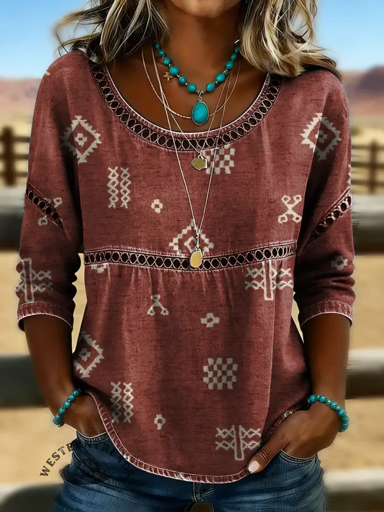 Retro Ethnic Print Casual Hollow Denim Shirt