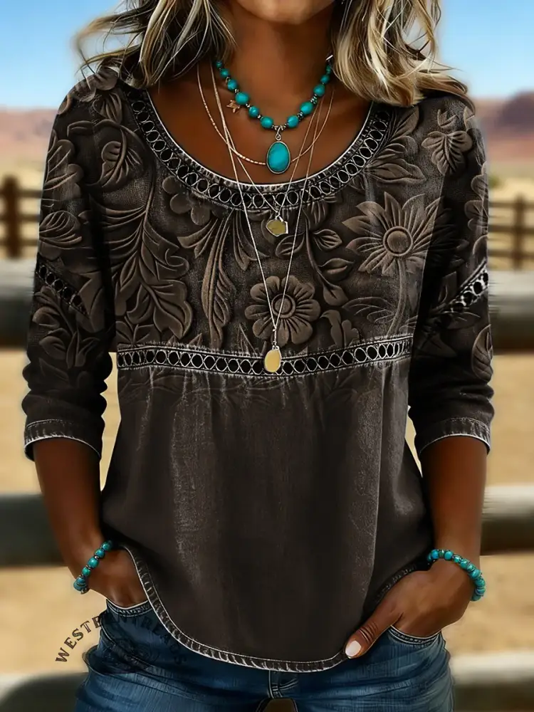 Retro Floral Art Print Casual Hollow Denim Shirt