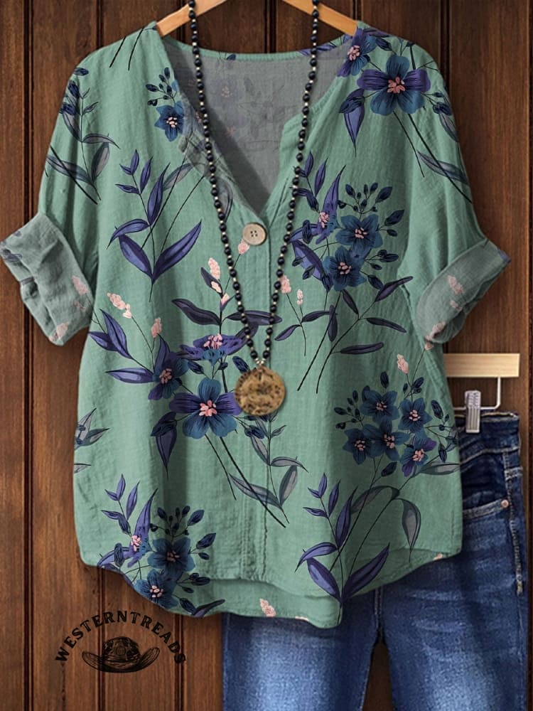 Retro Floral Pattern Print Casual V-neck T-shirt - Image 7