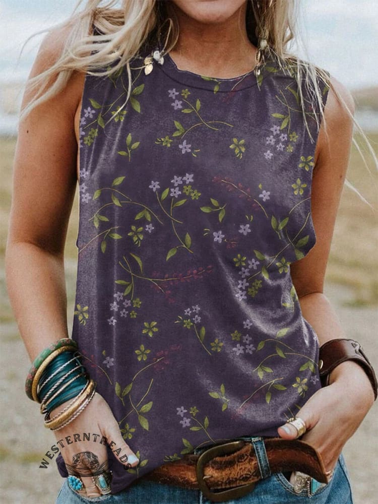 Retro Floral Pattern Printed Casual V-neck T-shirt - Image 4
