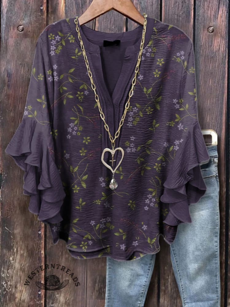 Retro Floral Pattern Printed Casual V-neck T-shirt - Image 7