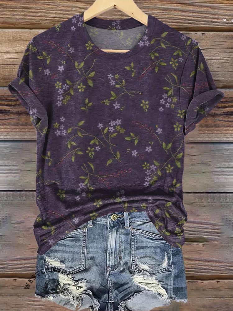 Retro Floral Pattern Printed Casual V-neck T-shirt - Image 9