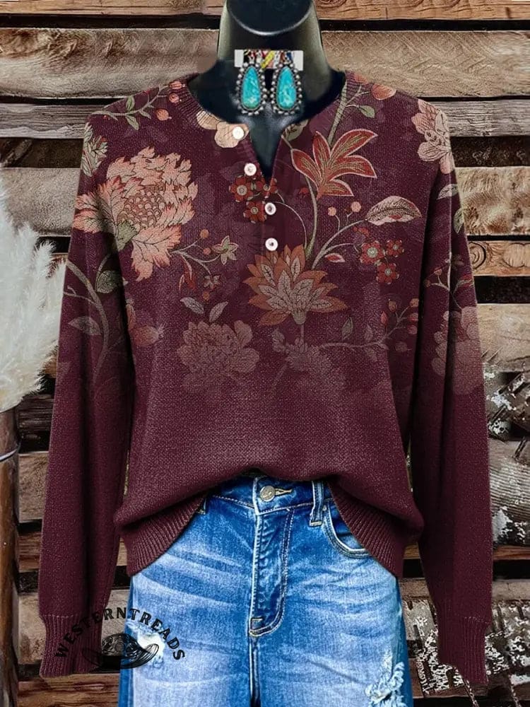 Retro Floral Print Buttoned Cardigan Sweater - Image 2