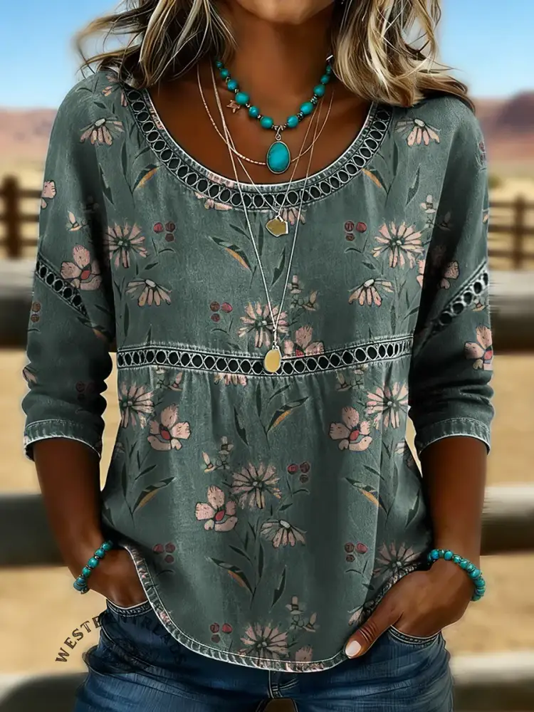 Retro Floral Print Casual Hollow Denim Shirt