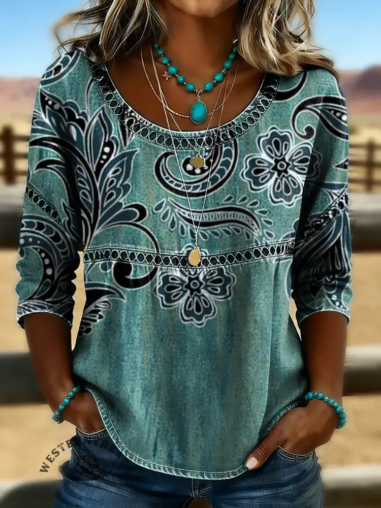 Retro Floral Print Casual Hollow Denim Shirt
