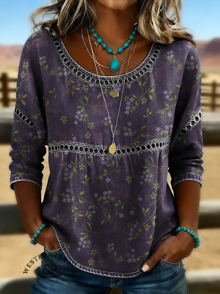 Retro Floral Print Casual Hollow Denim Shirt