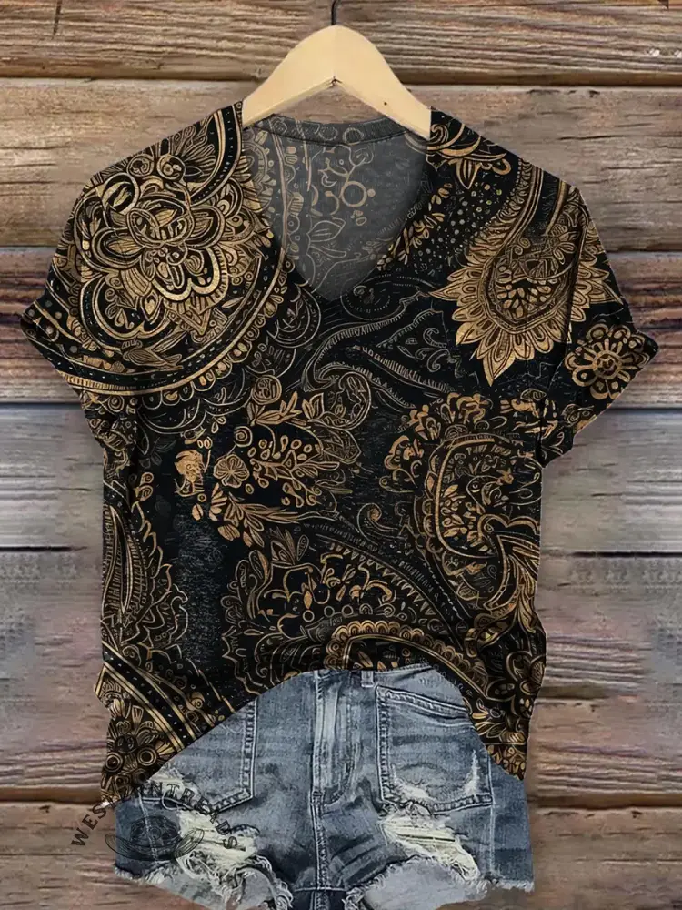Retro Floral Print V-neck T-shirt