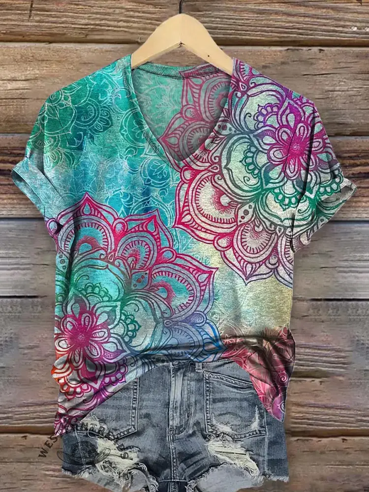 Retro Floral Print V-neck T-shirt