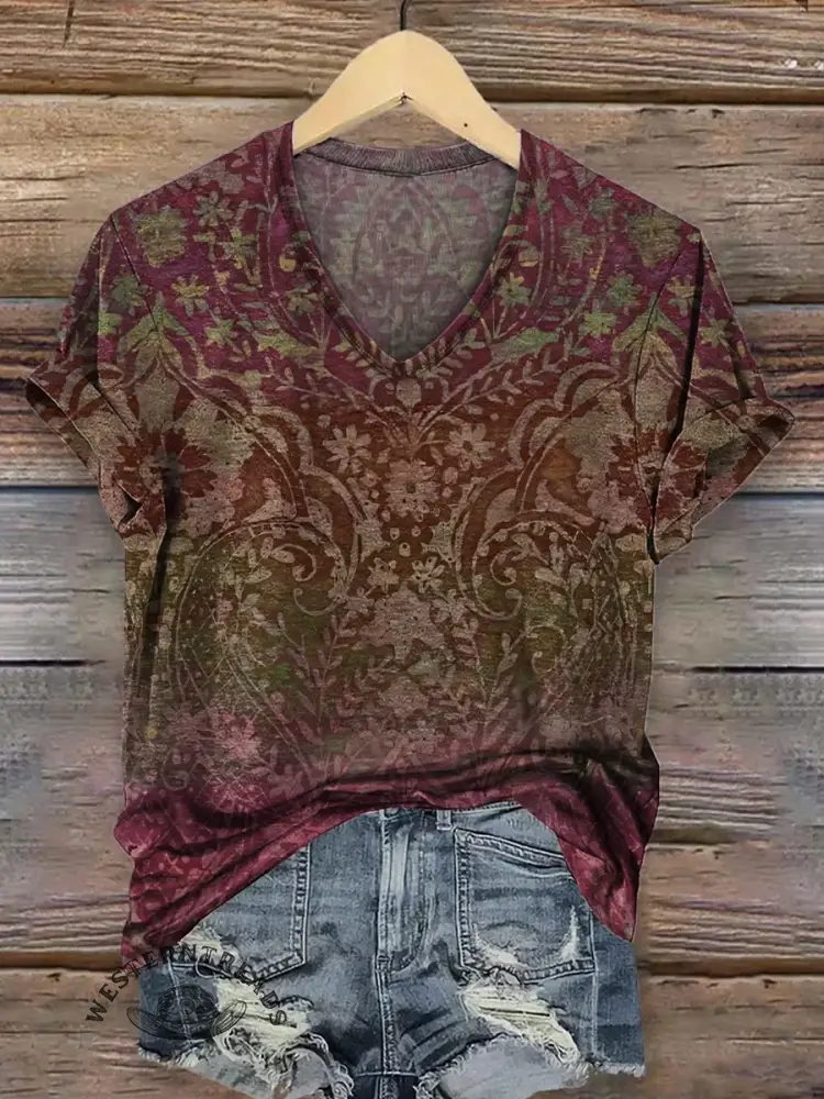 Retro Floral Print V-neck T-shirt