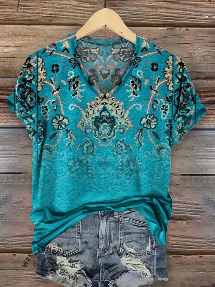 Retro Floral Print V-neck T-shirt