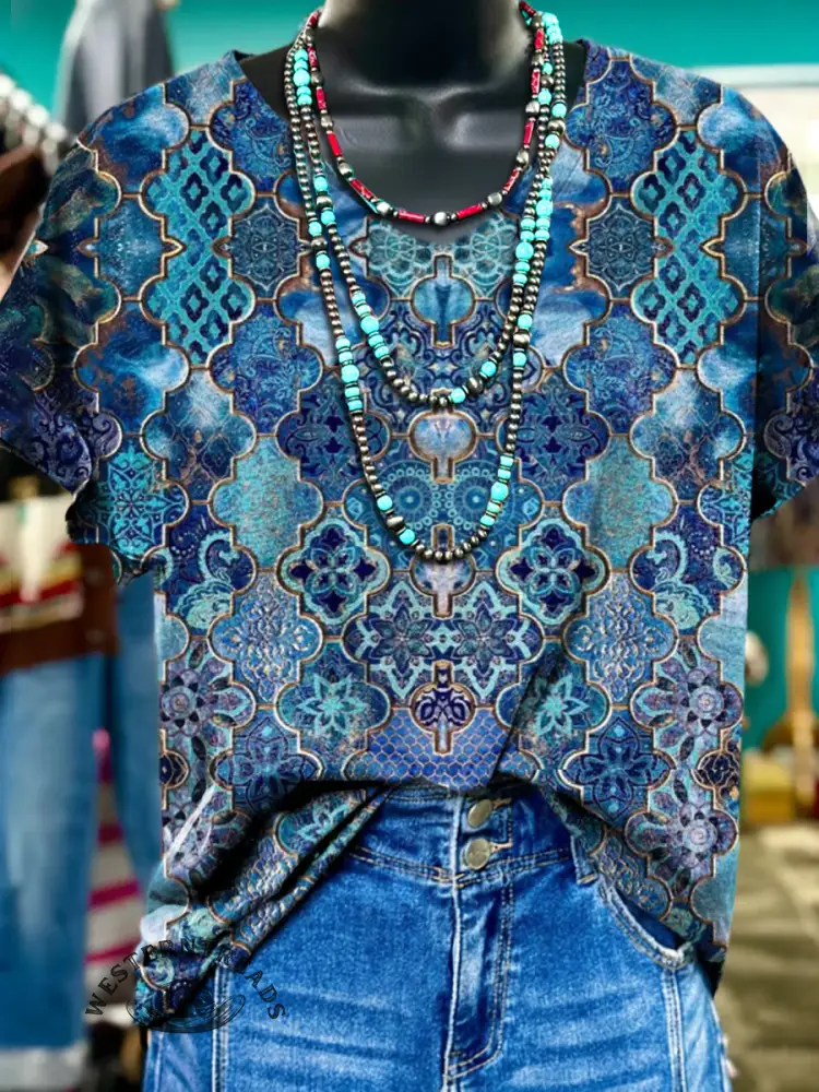 Retro Floral Visual Pattern V-neck T-shirt