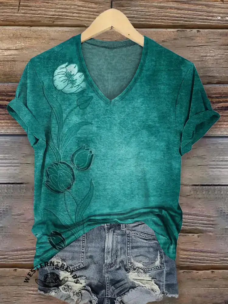 Retro Flower Visuals V-neck T-shirt