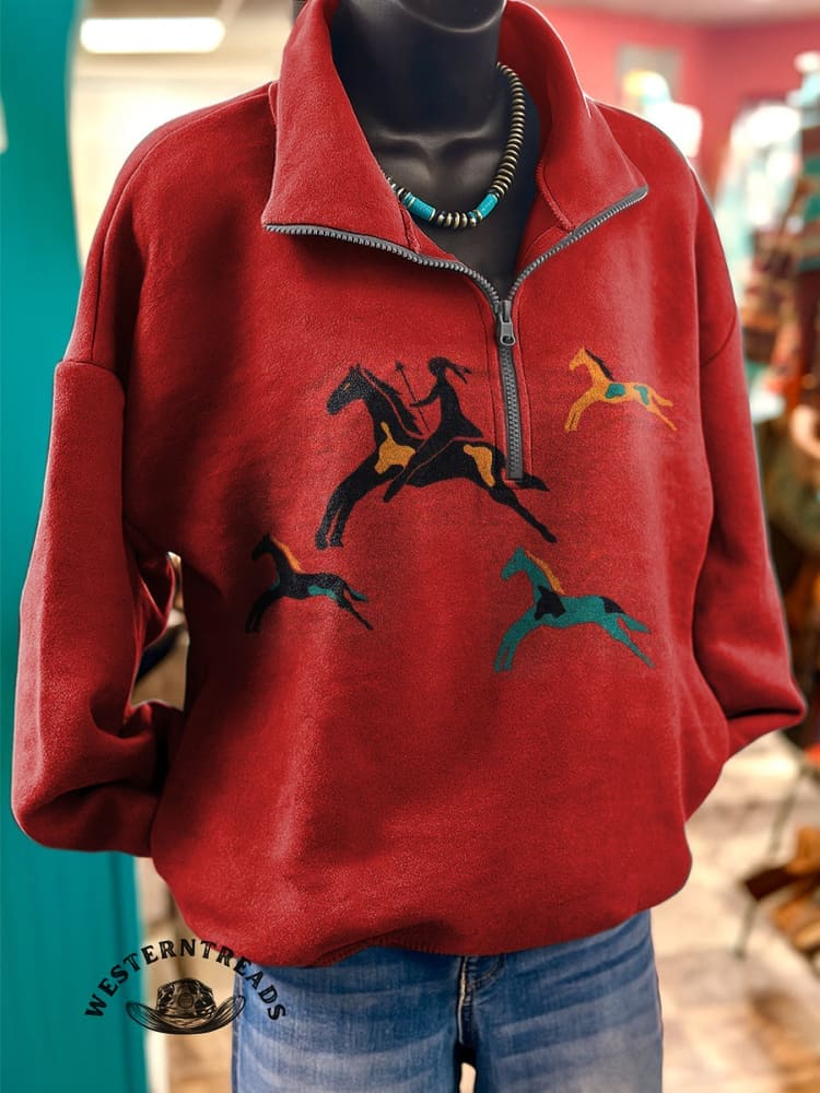 Retro Horse Print Casual Long Sleeve Zip Sweatshirt