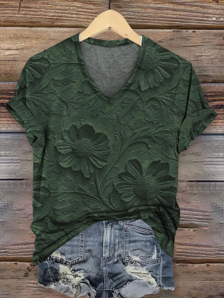 Retro Relief Floral Pattern V-neck Casual T-Shirt - Image 2