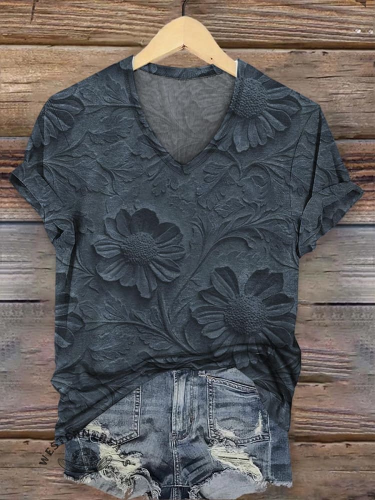 Retro Relief Floral Pattern V-neck Casual T-Shirt - Image 3