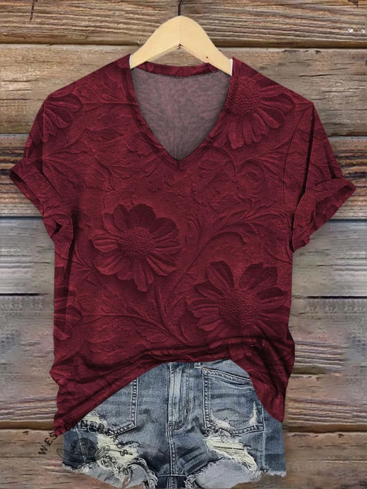 Retro Relief Floral Pattern V-neck Casual T-Shirt - Image 4
