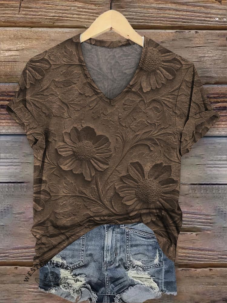 Retro Relief Floral Pattern V-neck Casual T-Shirt - Image 5
