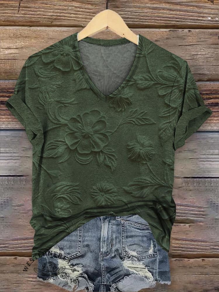 Retro Relief Floral Pattern V-neck Casual T-Shirt - Image 2