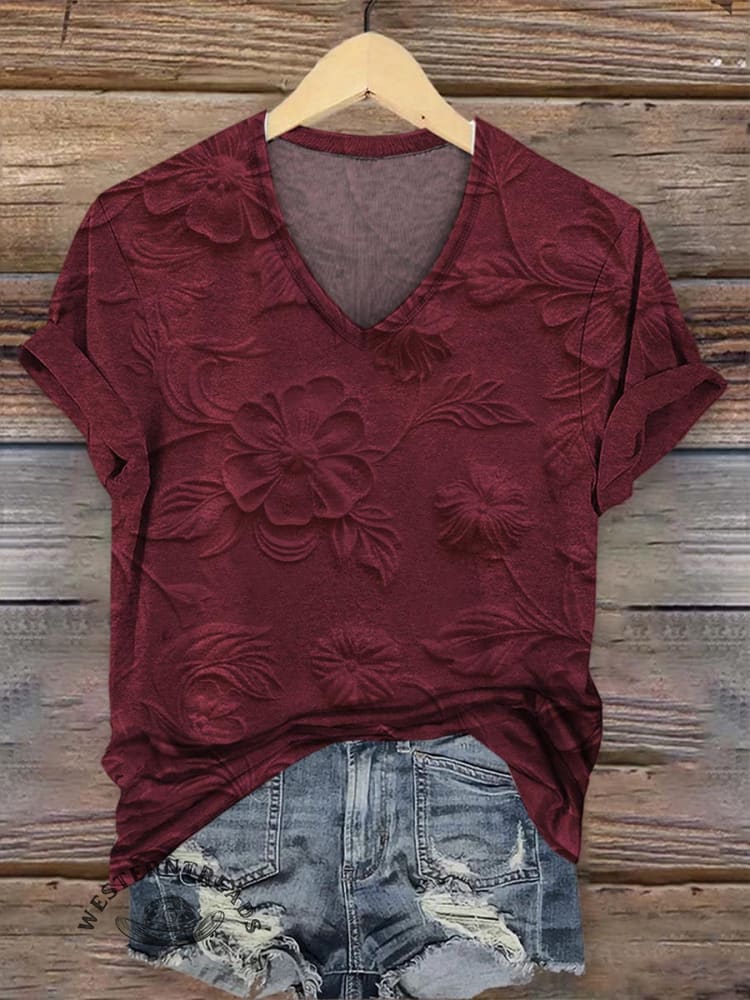 Retro Relief Floral Pattern V-neck Casual T-Shirt - Image 3