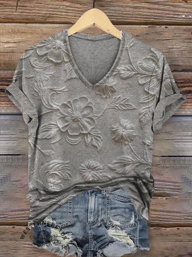 Retro Relief Floral Pattern V-neck Casual T-Shirt - Image 4