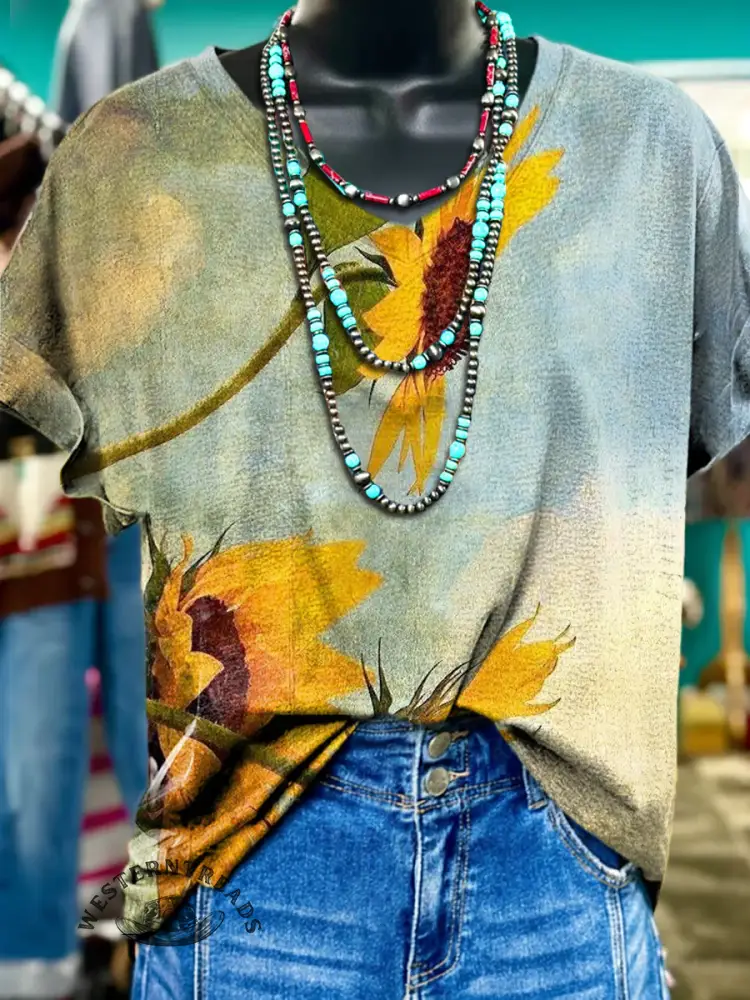 Retro Sun Flower Visuals V-neck T-shirt