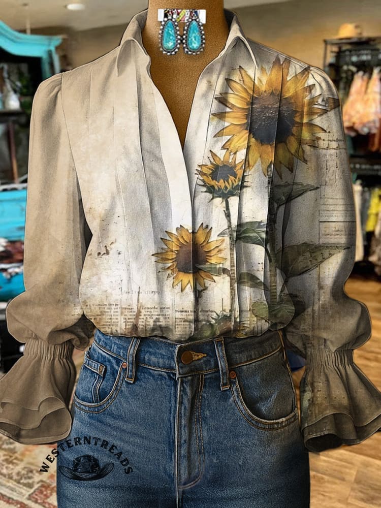 Retro Sunflower Pattern Print T-shirt - Image 7