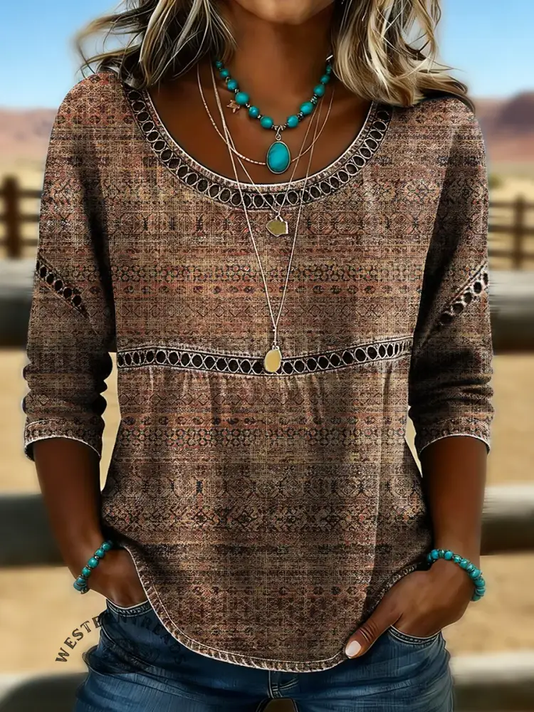 Retro Texture Art Print Casual Hollow Denim Shirt