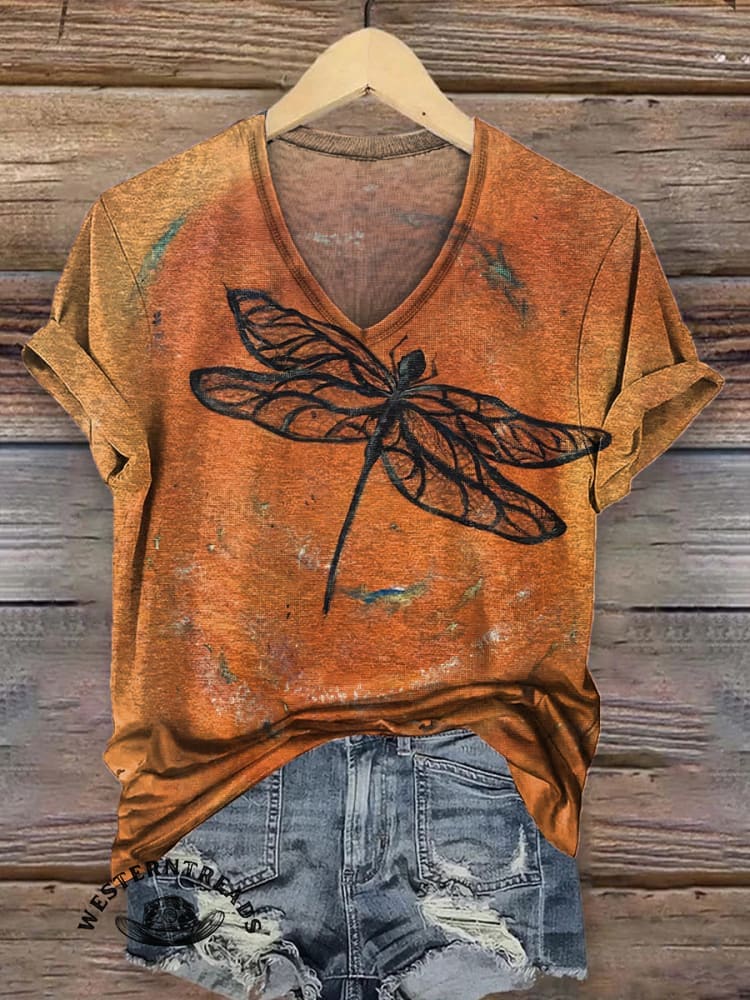 Retro Texture Dragonfly Print Casual T-shirt - Image 2