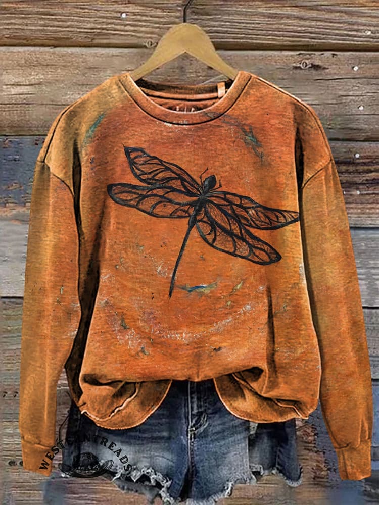 Retro Texture Dragonfly Print Casual T-shirt - Image 3