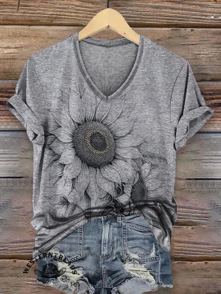 Retro Texture Sunflower Flower Print Casual T-shirt - Image 2