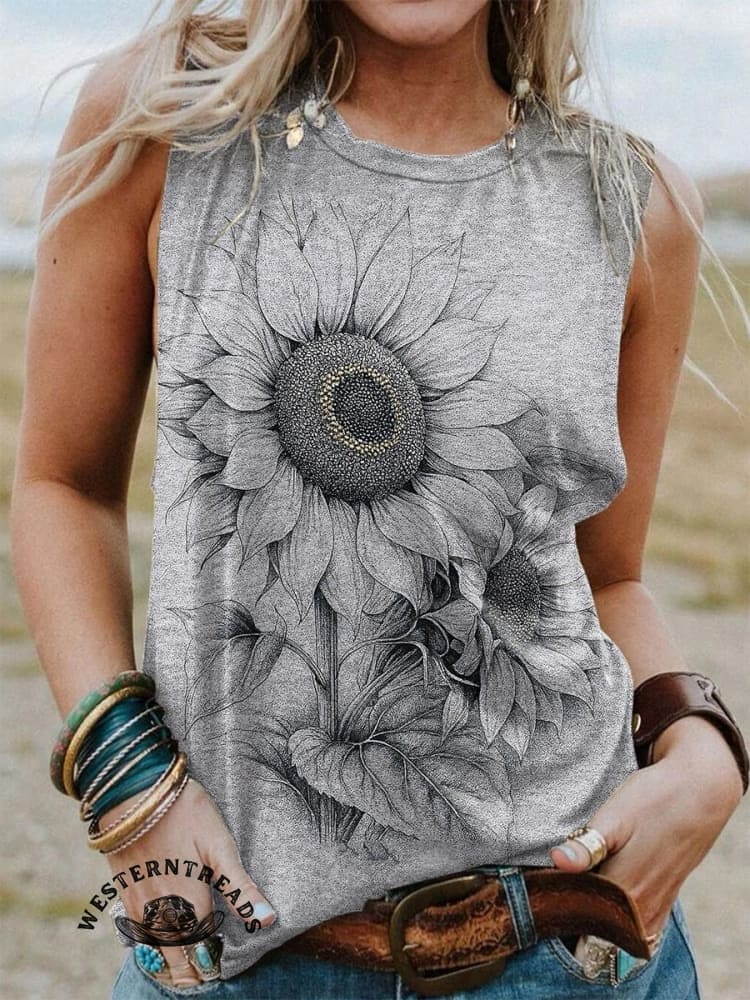 Retro Texture Sunflower Flower Print Casual T-shirt - Image 7