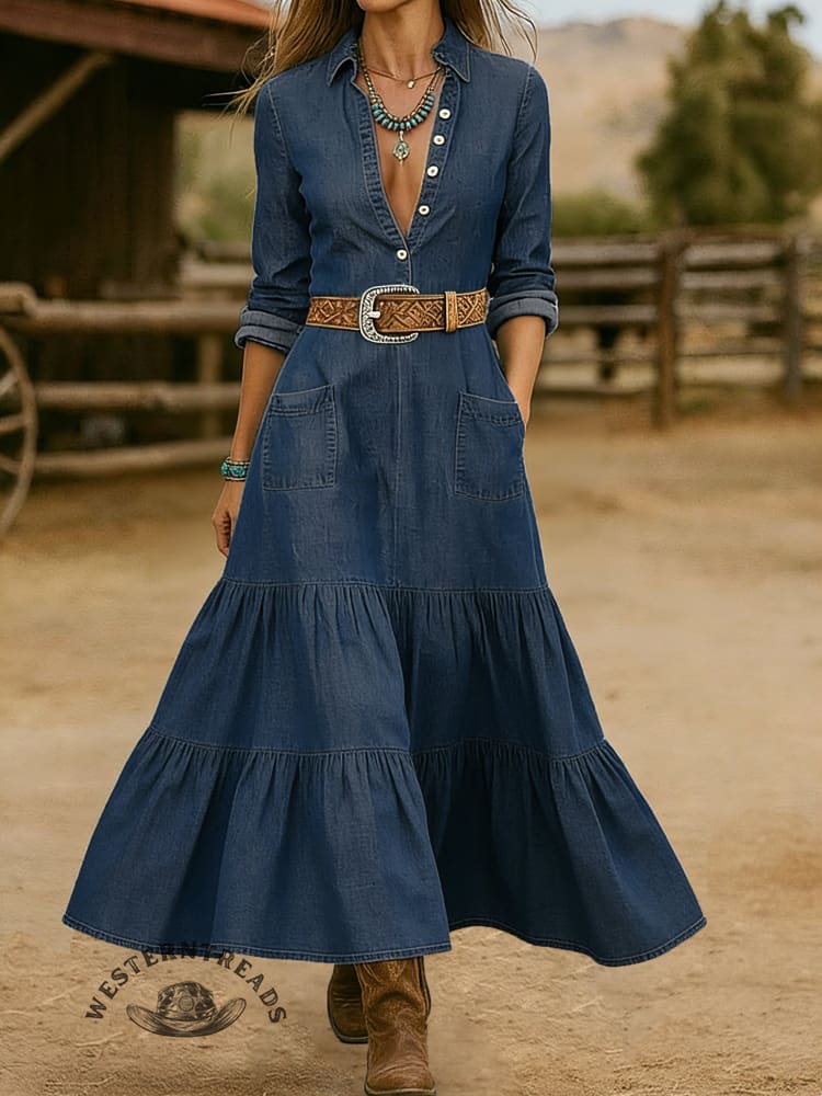 Retro Women's Long Ruffle Denim Dress - Image 2