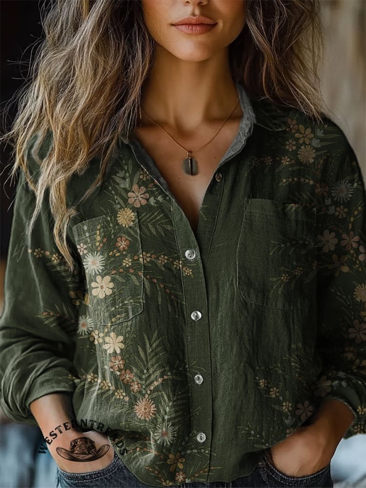Simple Floral Art Print Casual V-Neck T-Shirt - Image 2
