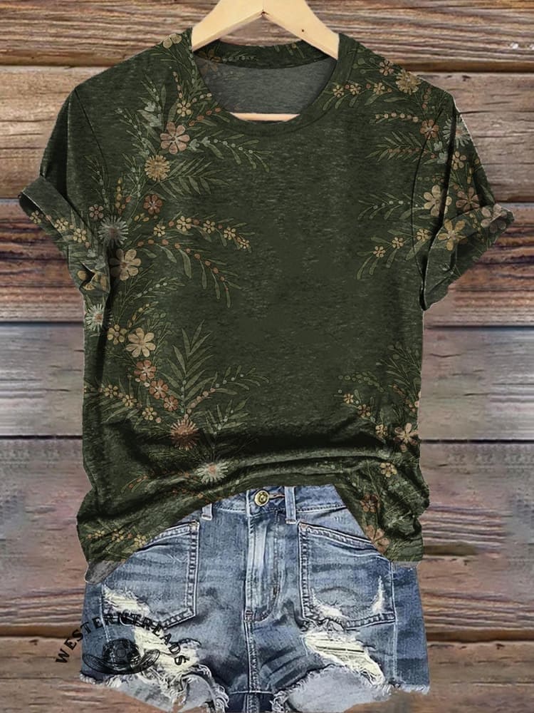 Simple Floral Art Print Casual V-Neck T-Shirt - Image 3