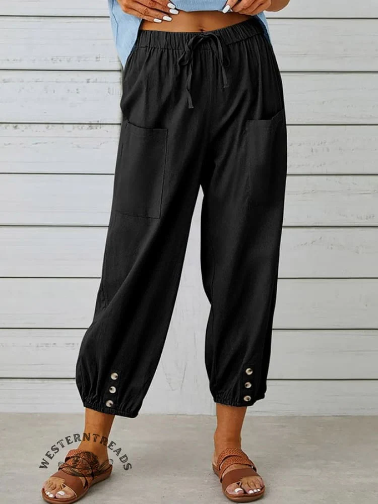 Solid Color Casual With Pocket Buttons Cotton Linen Trousers Pants - Image 10