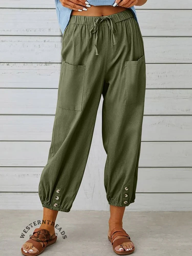 Solid Color Casual With Pocket Buttons Cotton Linen Trousers Pants - Image 11