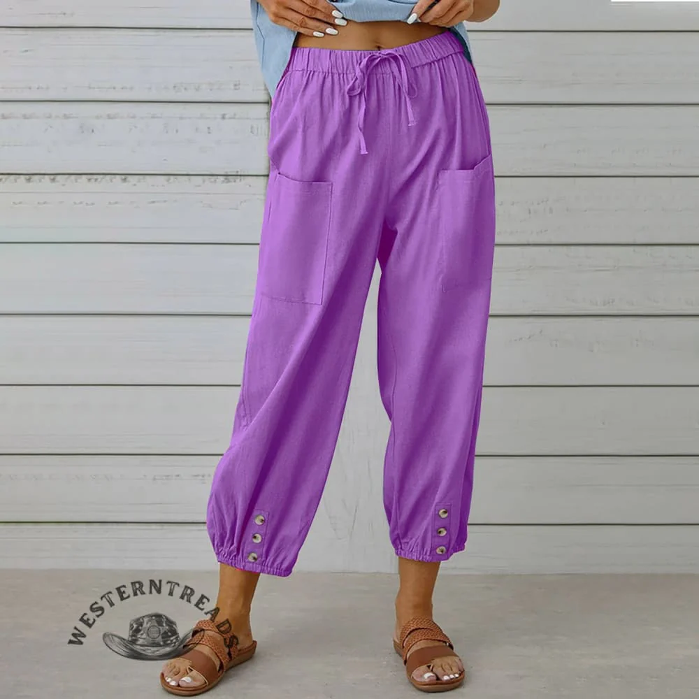 Solid Color Casual With Pocket Buttons Cotton Linen Trousers Pants - Image 12