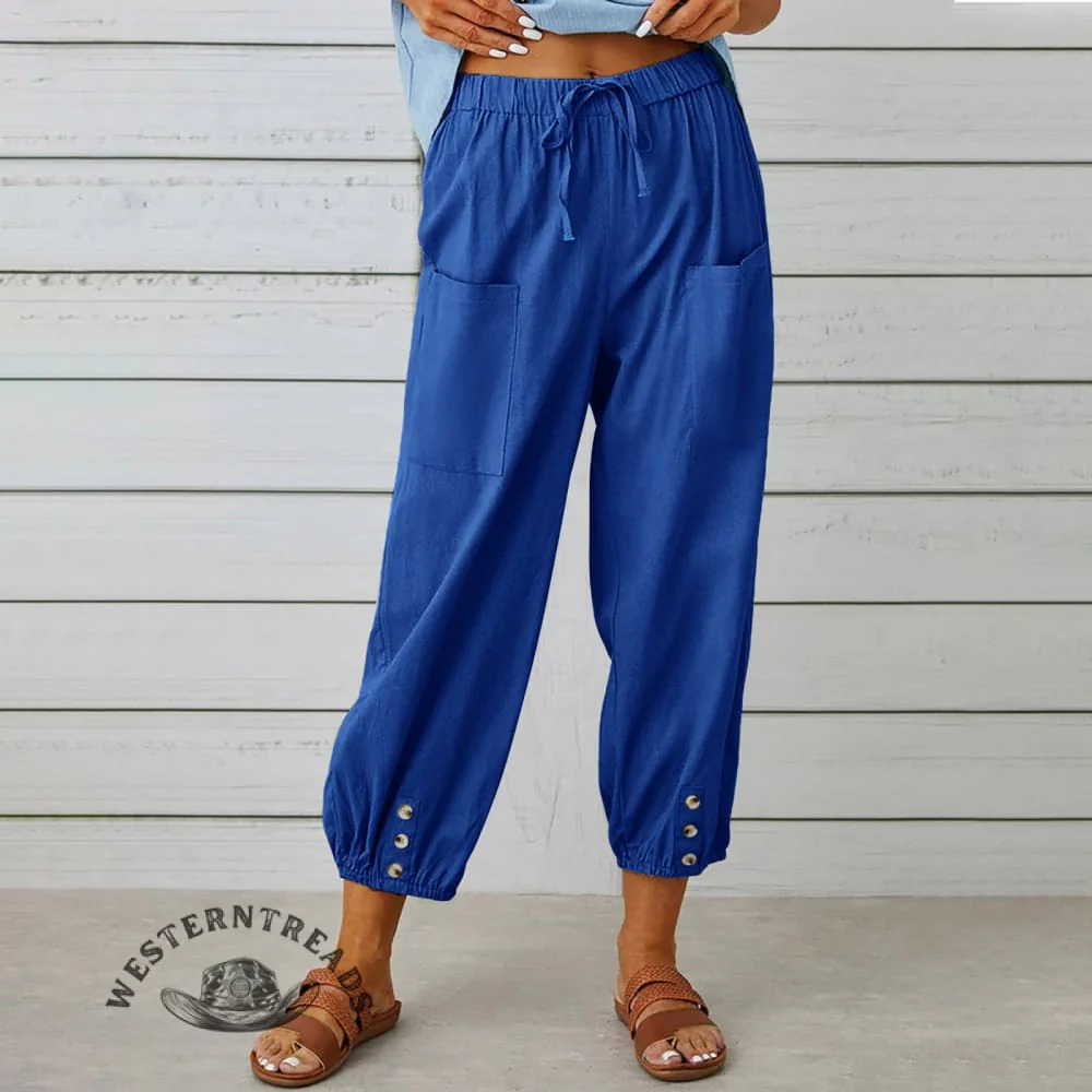 Solid Color Casual With Pocket Buttons Cotton Linen Trousers Pants - Image 13