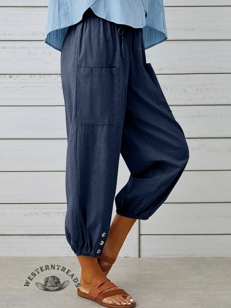 Solid Color Casual With Pocket Buttons Cotton Linen Trousers Pants - Image 15
