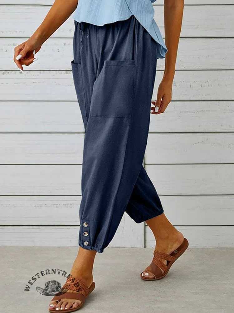 Solid Color Casual With Pocket Buttons Cotton Linen Trousers Pants - Image 16