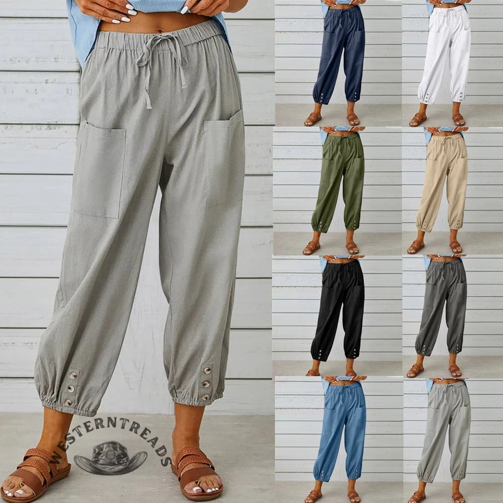Solid Color Casual With Pocket Buttons Cotton Linen Trousers Pants - Image 17