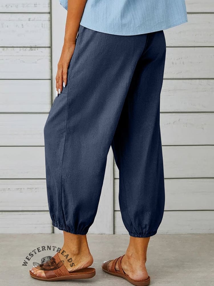 Solid Color Casual With Pocket Buttons Cotton Linen Trousers Pants - Image 2