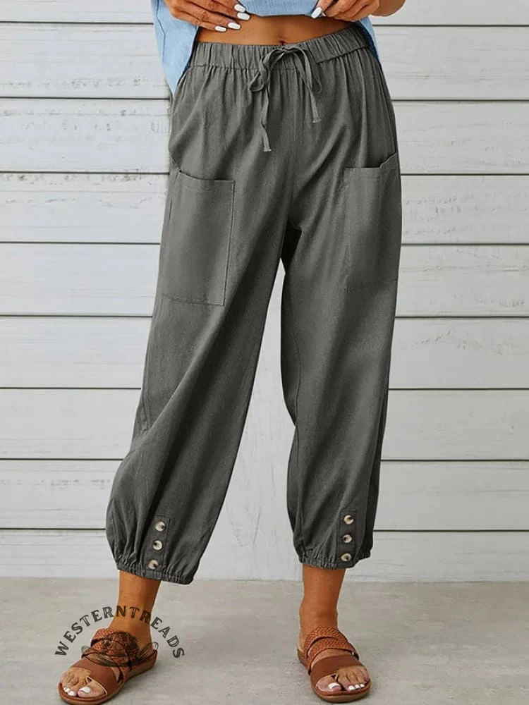 Solid Color Casual With Pocket Buttons Cotton Linen Trousers Pants - Image 3