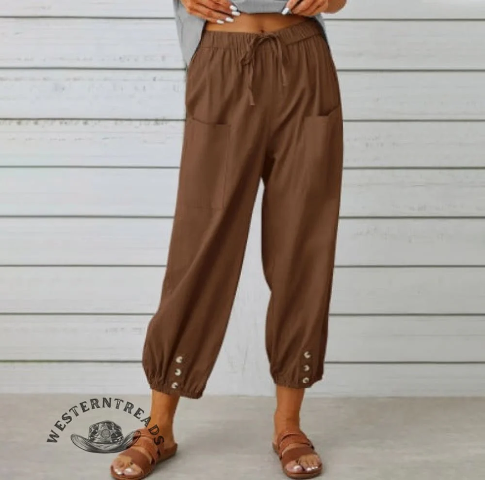 Solid Color Casual With Pocket Buttons Cotton Linen Trousers Pants - Image 4