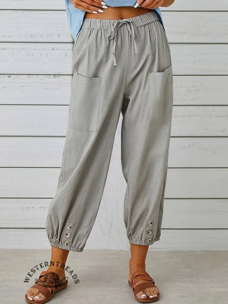 Solid Color Casual With Pocket Buttons Cotton Linen Trousers Pants - Image 6