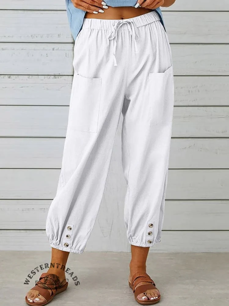 Solid Color Casual With Pocket Buttons Cotton Linen Trousers Pants - Image 7