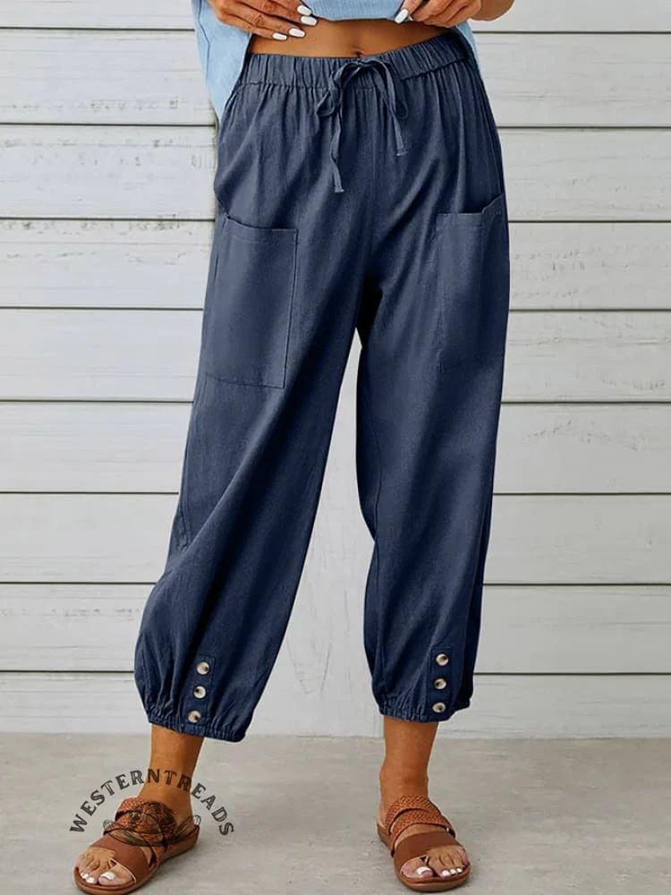 Solid Color Casual With Pocket Buttons Cotton Linen Trousers Pants - Image 8