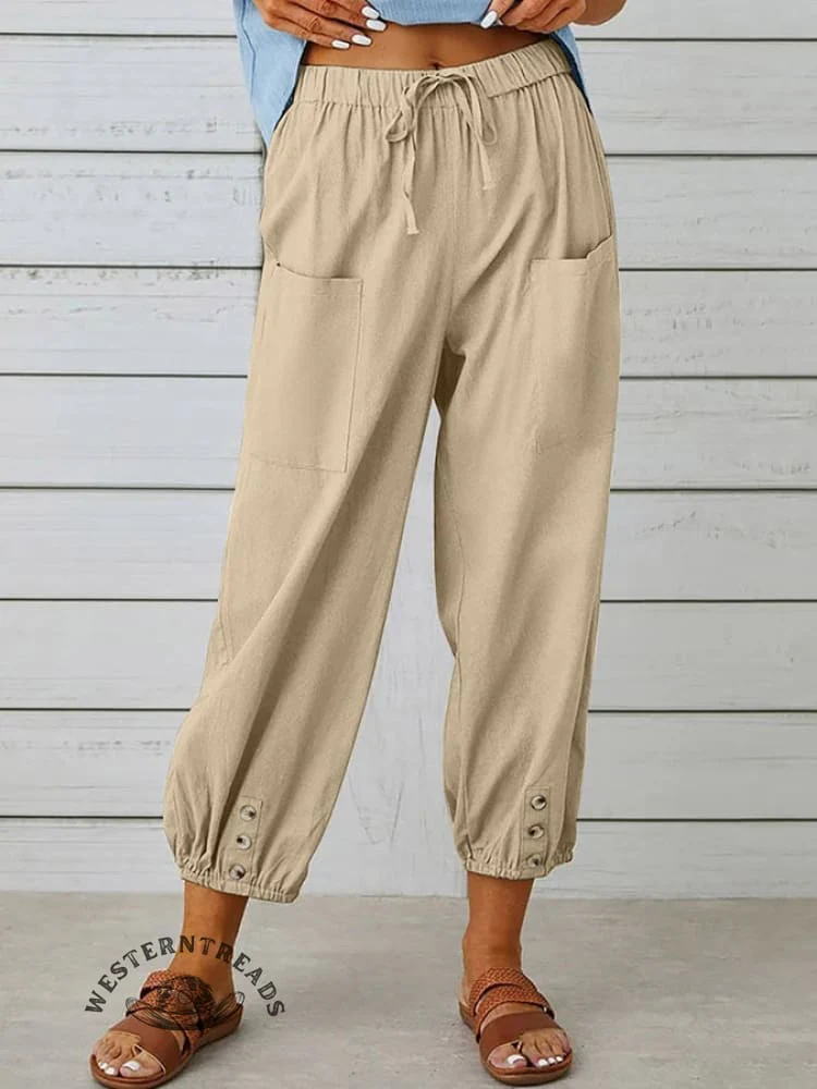 Solid Color Casual With Pocket Buttons Cotton Linen Trousers Pants - Image 9