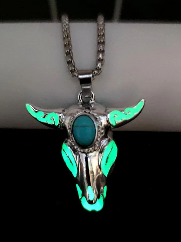 Turquoise Skull Bull Head Stainless Steel Glow Necklace - Image 3